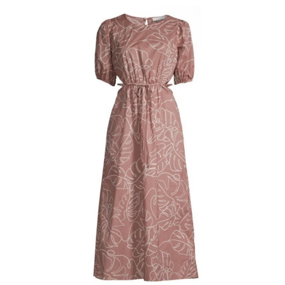 Lush Caramel Abstract Puff Sleeve Cutout Midi Dress Size M NWT 100% Cotton - Picture 1 of 12